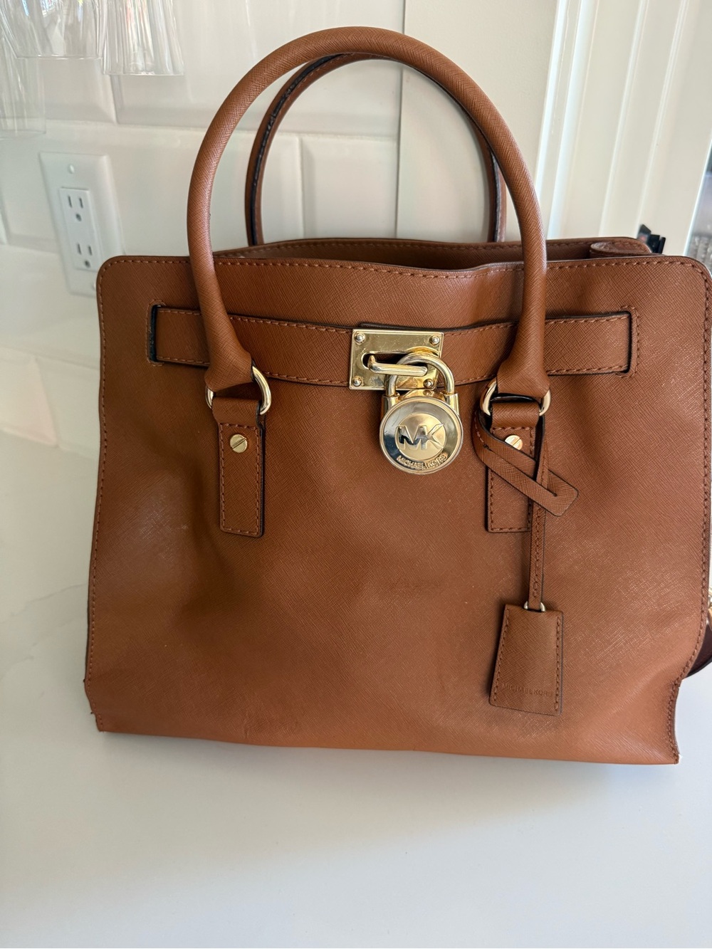 Michael Kors Tan Saffiano Leather Satchel with Gold Hardware